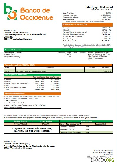 Honduras Banco de Occidente Bank relevé hypothécaire scr